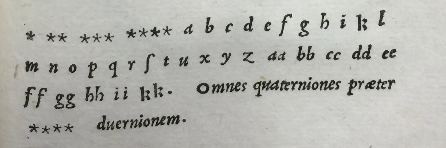Colophon of the book Letters by Plini the elder printed by Aldus in Venice; shows the full alphabet in the Bembo typeface, sepia ink on yellow paper